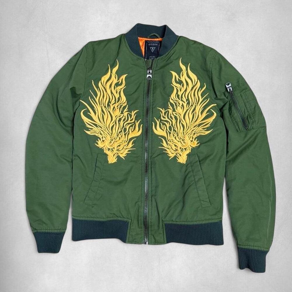 XS | Y2K GUESS MEN'S EXPLORER EMBROIDERED BOMBER JACKET GREEN